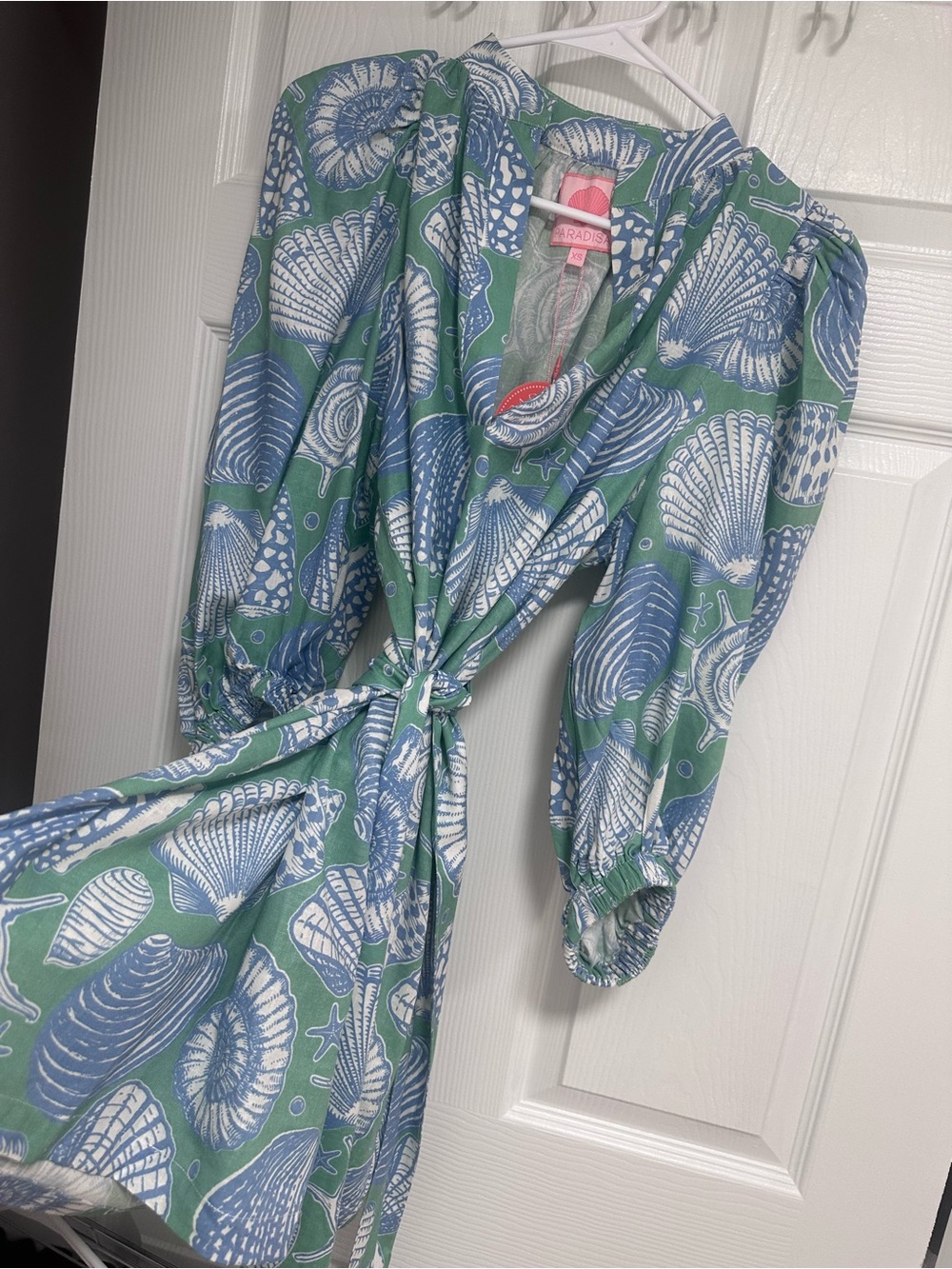 Paradisa (Prosperina) Green & Blue Shell-Print Tie-Waist Mini Dress